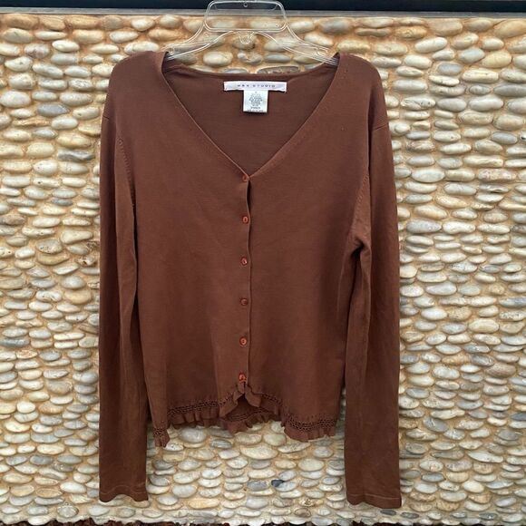 Max Studio Brown Cardigan w/Beaded/Eyelet/Ruffle Hem Detail. Size Small.  EUC! - Picture 1 of 5
